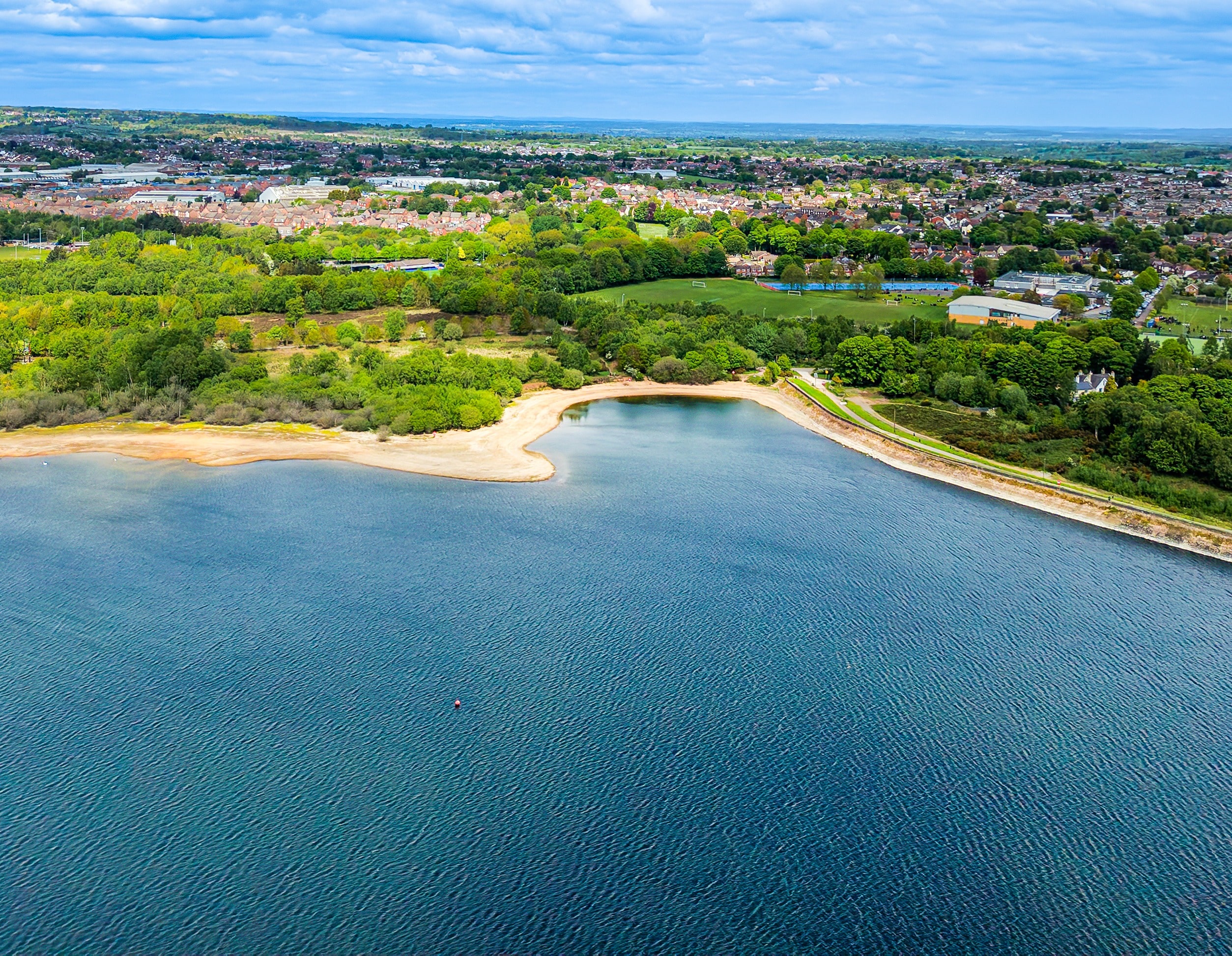 Aerial view of Cannock reservoir and town